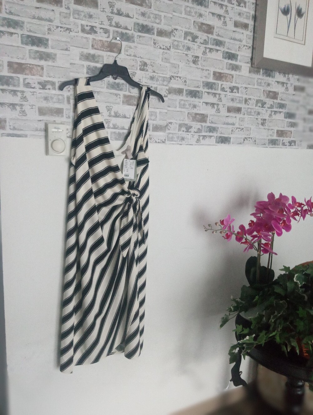 Striped V-Neck Wrap Dress in Black and White